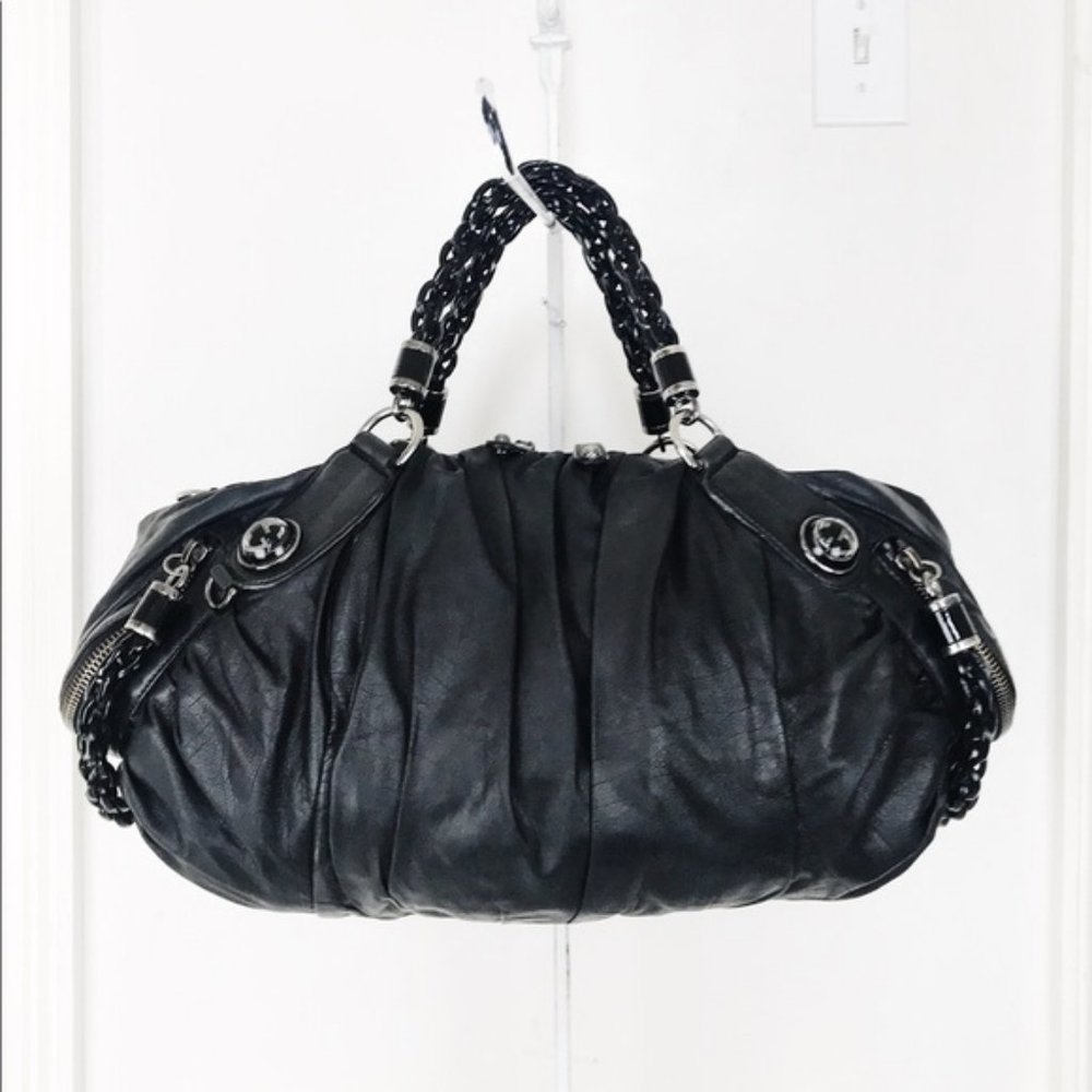 GUCCI Galaxy Two-Way Bag Black Leather Vintage Medium Satchel Purse Silver Chain - Picture 9 of 13